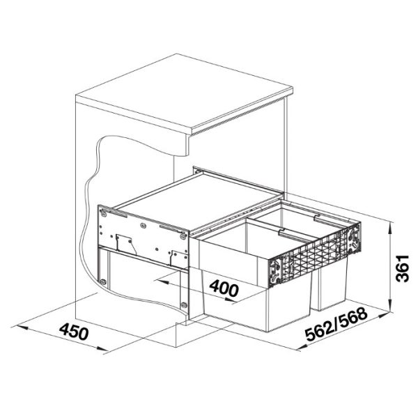 Drawer Waste Separation System with 2 Bins & Pull Out Cover for 60cm Unit 526203 Blanco Select II Dimensions