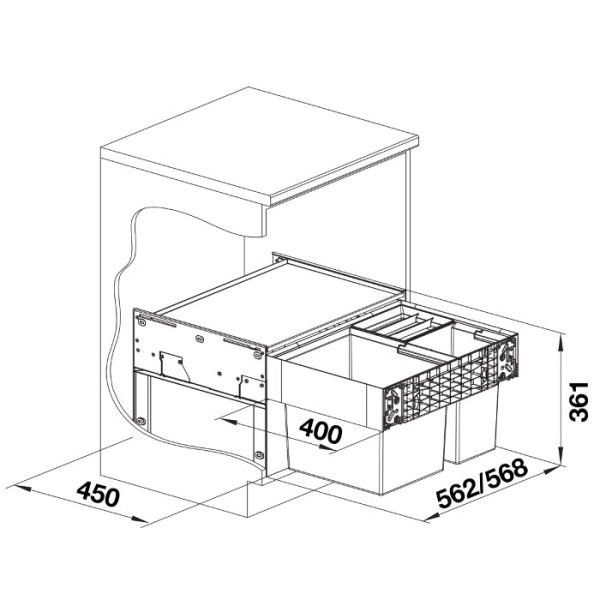 Drawer Waste Separation System with 3 Bins & Pull Out Cover for 60cm Unit 526205 Blanco Select II XL Dimensions