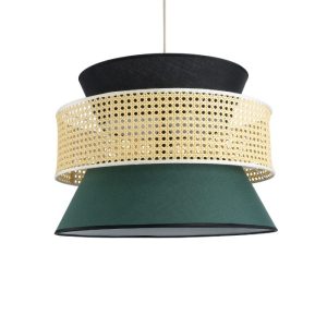 Bohemian Pendant Ceiling Light with Black Green Fabric Shade and Beige Bamboo Detail Ø50 H36 01916 Saige