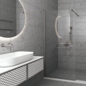 Modern Wet Room Screen 8mm with Wall Arm Support Nanoskin 185H & 200H Serena Brushed Nickel Orabella