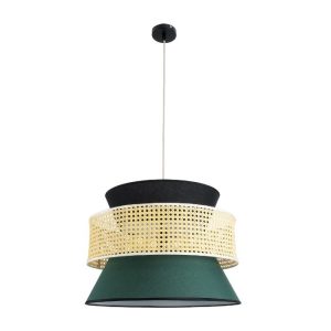 Dining Room Boho Pendant Ceiling Light with Black Green Fabric Shade and Beige Bamboo Detail Ø50 H36 01916 Saige