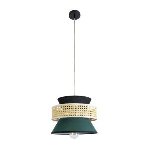 Vintage Pendant Ceiling Light with Black Green Fabric Shade and Beige Bamboo Detail Ø30 H22 01915 Saige