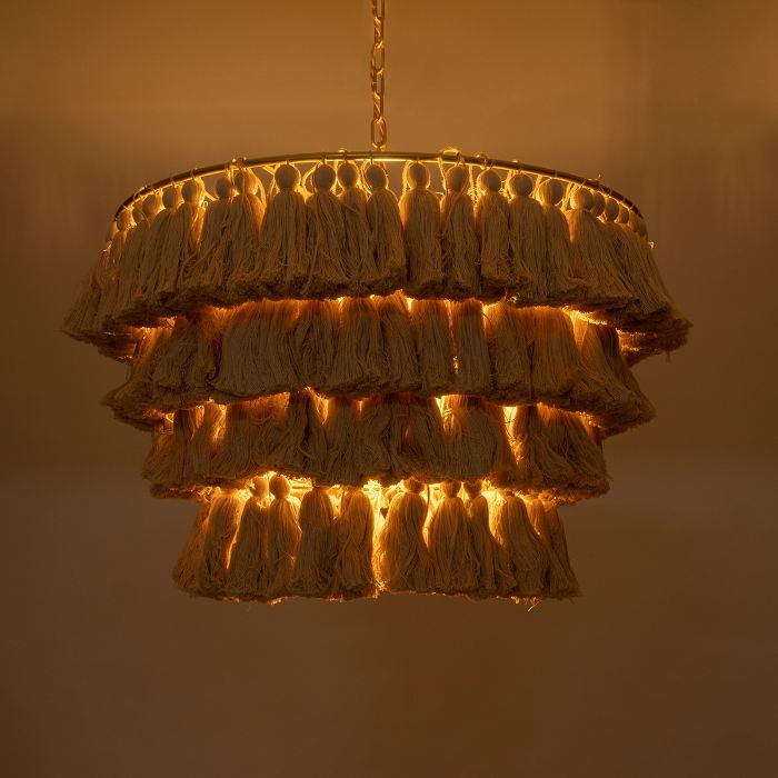 Kitchen Boho 1-Light Pendant Ceiling Light with Gold Metal Details and Beige Fringe Tassels Ø60 H40 02088 Missoula