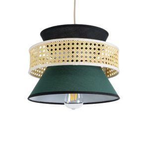 Boho Pendant Ceiling Light with Black Green Fabric Shade and Beige Bamboo Detail Ø30 H22 01915 Saige