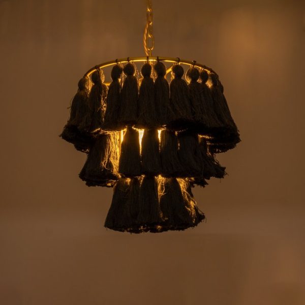 Living Room Bohemian 1-Light Pendant Ceiling Light with Gold Metal Details and Black Fringe Tassels Ø30 H40 02087 Missoula