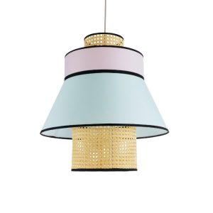 Boho Pendant Ceiling Light with Blue Pink Fabric Shade and Beige Bamboo Detail Ø50 H54 01920 Saige