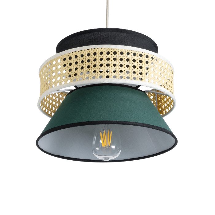 Bohemian Pendant Ceiling Light with Black Green Fabric Shade and Beige Bamboo Detail Ø30 H22 01915 Saige