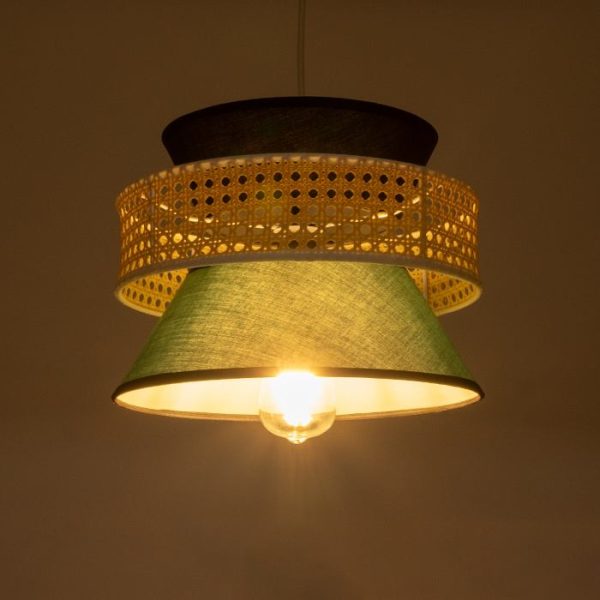 Living Room Bohemian Pendant Ceiling Light with Black Green Fabric Shade and Beige Bamboo Detail Ø30 H22 01915 Saige