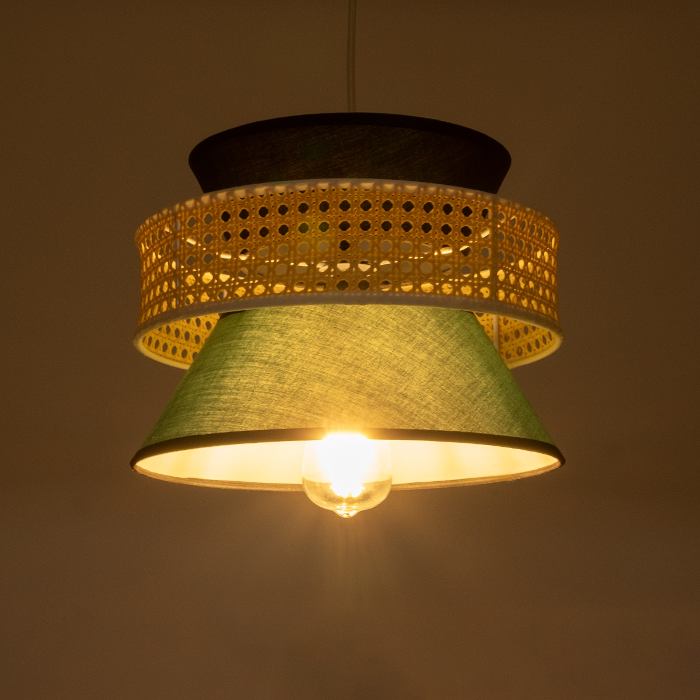 Dining Room Boho Pendant Ceiling Light with Black Green Fabric Shade and Beige Bamboo Detail Ø30 H22 01915 Saige
