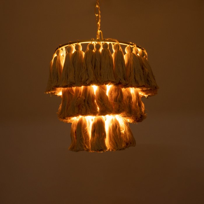 Vintage Kitchen 1-Light Pendant Ceiling Light with Gold Metal Details and Beige Fringe Tassels Ø30 H40 02084 Missoula