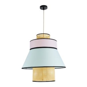 Vintage Pendant Ceiling Light with Blue Pink Fabric Shade and Beige Bamboo Detail Ø50 H54 01920 Saige