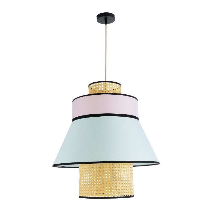 Bohemian Pendant Ceiling Light with Blue Pink Fabric Shade and Beige Bamboo Detail Ø50 H54 01920 Saige