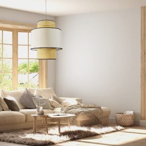 Bohemian Beige Bamboo Pendant Ceiling Light for the Living Room with White Cream Shade Ø50 H60 01917 Saige