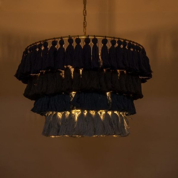 Kitchen Boho 1-Light Pendant Ceiling Light with Gold Metal Details and Black Blue Fringe Tassels Ø60 H40 02089 Missoula