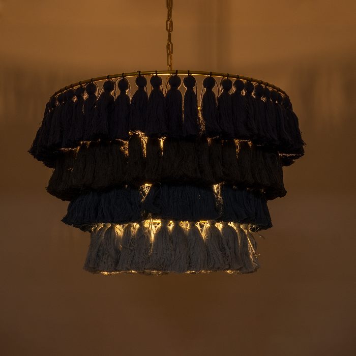 Kitchen Bohemian 1-Light Pendant Ceiling Light with Gold Metal Details and Black Blue Fringe Tassels Ø60 H40 02089 Missoula
