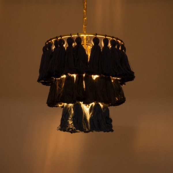 Living Room Bohemian 1-Light Pendant Ceiling Light with Gold Metal Details and Black Blue Fringe Tassels Ø30 H40 02085 Missoula