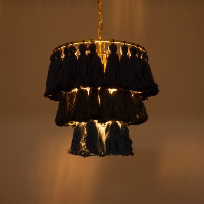 Bohemian 1-Light Pendant Ceiling Light with Gold Metal Details and Black Blue Fringe Tassels Ø30 H40 02085 Missoula