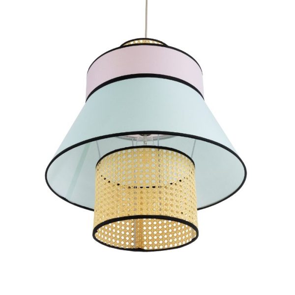 Dining Room Boho Pendant Ceiling Light with Blue Pink Fabric Shade and Beige Bamboo Detail Ø50 H54 01920 Saige