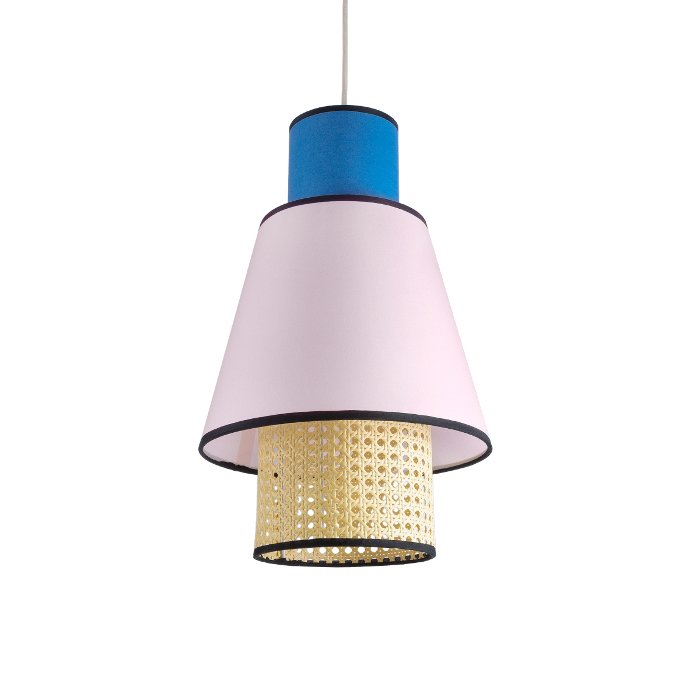 Boho Pendant Ceiling Light with Blue Pink Fabric Shade and Beige Bamboo Detail Ø30 H48 01921 Saige