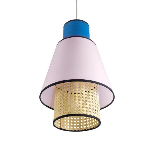 Living Room Bohemian Pendant Ceiling Light with Blue Pink Fabric Shade and Beige Bamboo Detail Ø30 H48 01921 Saige