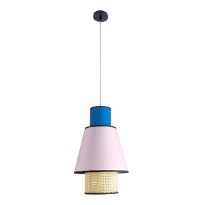 Modern Pendant Ceiling Light with Blue Pink Fabric Shade and Beige Bamboo Detail Ø30 H48 01921 Saige