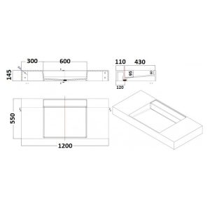 Modern Large White Mat Corian Wall Hung & Countertop Wash Basin 120x55 Oslo Dimensions