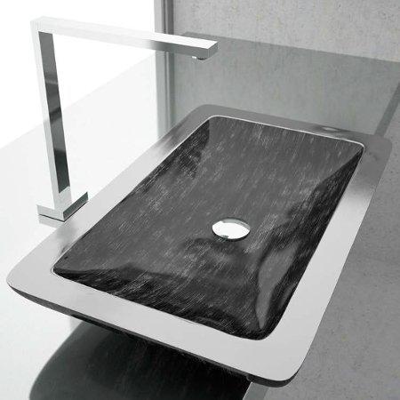 counter top wash basin rectangular black silver 65x41 Glass Design Vogue