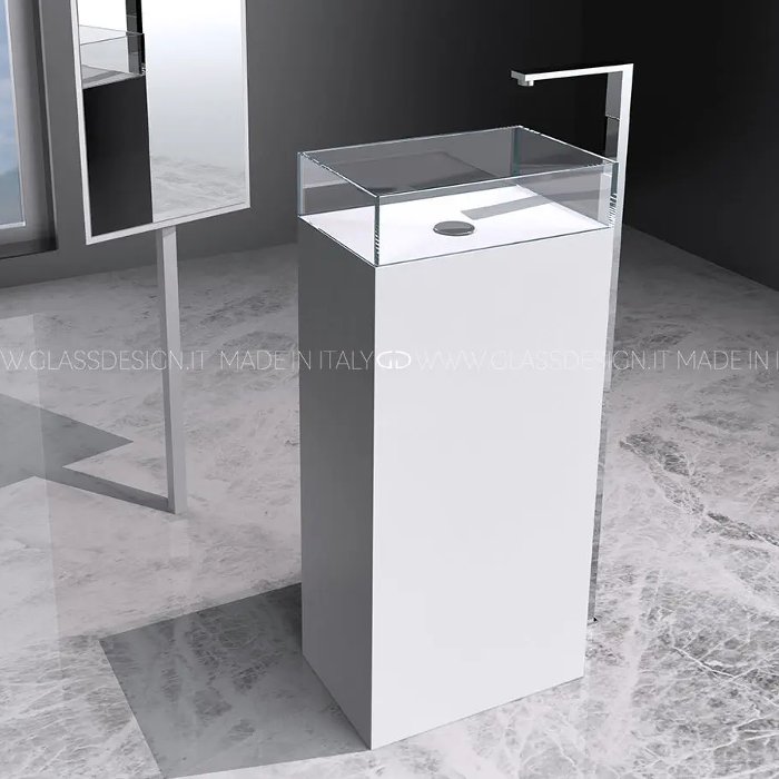 Designer pedestal sink rectangular Skyline Evolution White Clear Glass Design