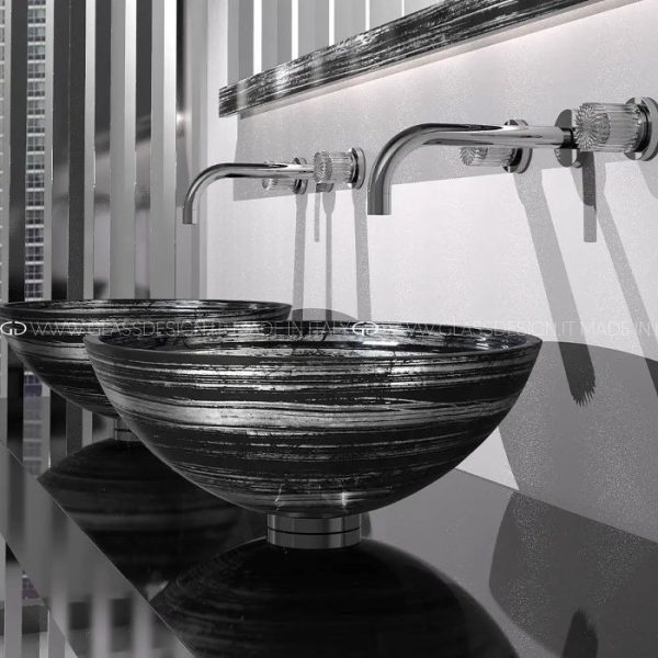 Modern table top wash basin designs round italian Graffiti Black Silver Glass Design