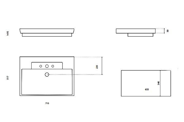ITALY FL rectangular semi recessed wash basin by Italian Glass Design dimensions 715 x 517