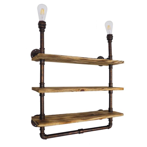 ENIMAS 01217 Industrial Bronze Metal 2-Light Wall Sconce with Three Wood Shelves