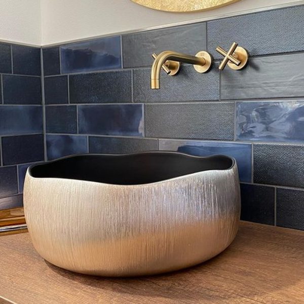 Modern countertop wash basin round italian Mode Lux Black Gold Glass Design