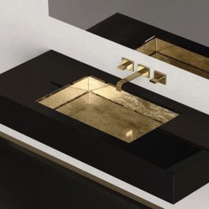 Luxury undermount wash basin rectangular 61x40 Rho Lux Sotto Gold Leaf Glass Design