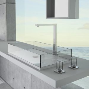 Italian wash basin sink countertop rectangular Skyline White Clear Glass Design