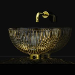Μοντερνοι νιπτηρες μπανιου επιτραπεζιοι ιταλικοι στρογγυλοι Volta Gold - Clear Glass Design