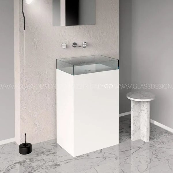 Modern pedestal sink free standing rectangular Skyline Evolution White Clear Glass Design