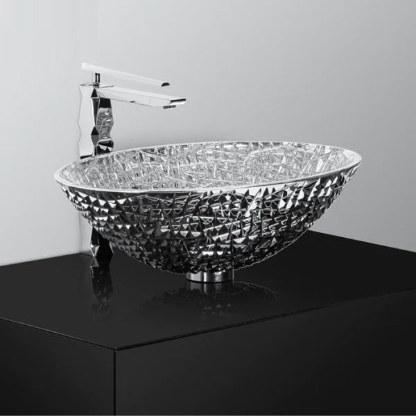 Νιπτηρας παγκου ιταλικος στρογγυλος μοντερνος Ice Oval Lux Silver Glass Design