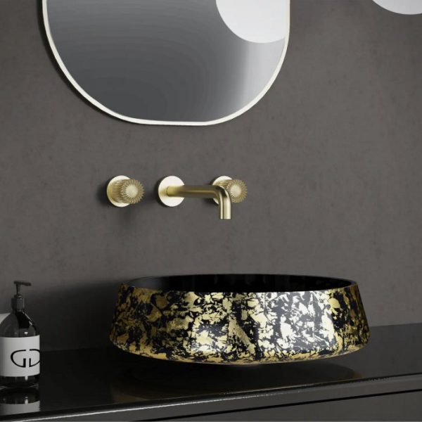 Modern Round Counter Top Wash Basin Black Gold Ø42 Glass Design Exte Lux