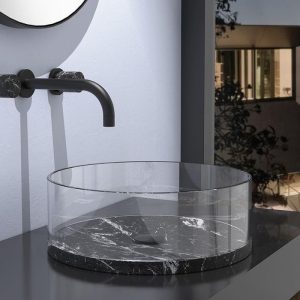 Modern Italian Round Countertop Wash Basin Xtreme Marble Small Black Marquinia Glass Design