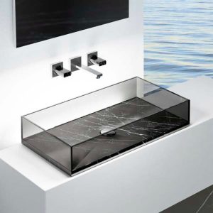 Modern Italian Rectangular Countertop Wash Basin Skyline Marble Black Marquinia Clear Glass Design