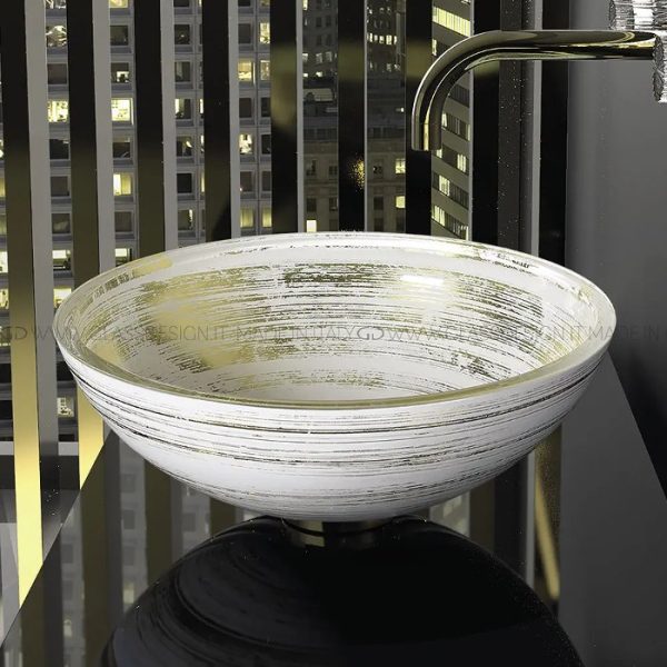 Handmade counter top hand wash sink round Graffiti White Gold Glass Design