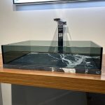 Modern Italian Rectangular Countertop Wash Basin Skyline Marble Black Marquinia Fume Glass Design