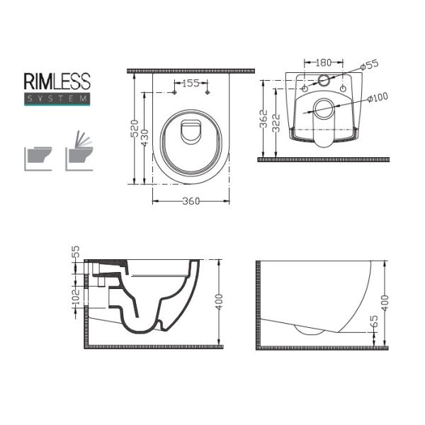 Semicircular Rimless Wall Hung Toilet with Soft Close Slim Seat 36x52 New Luna 2034 Karag Dimensions
