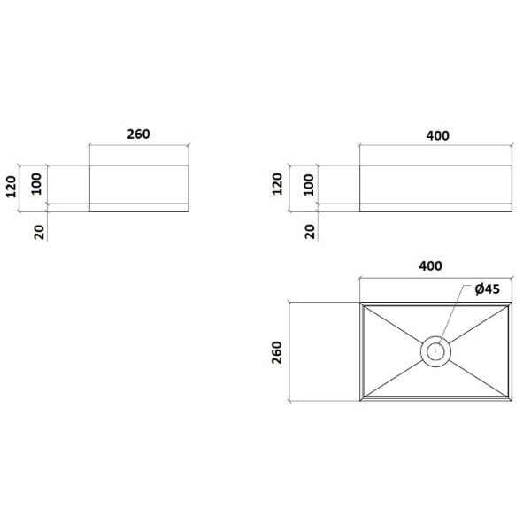 Modern table top wash basin rectangular Skyline S Glass Design Dimensions