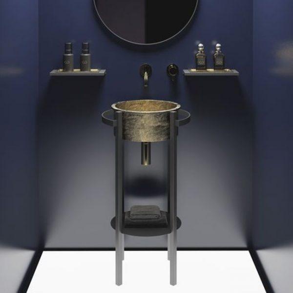 Floor Standing Black Vanity Unit with Gold Wash Basin Tondo Plus Glass Design