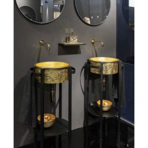 Italian luxury black frame unit with gold leaf round wash basin Tondo Plus Glass Design