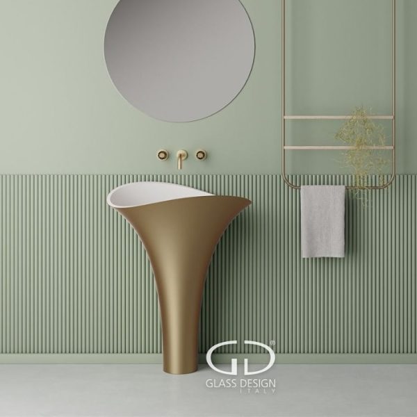 Ιταλικος επιδαπεδιος νιπτηρας μπανιου χρυσος Glass Design Flower Evolution Gold Mat White