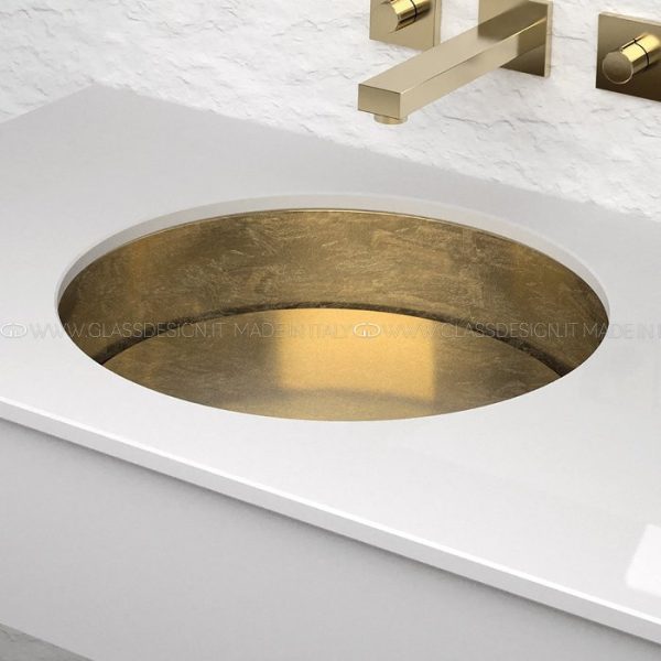 Modern undermount sinks for bathrooms gold leaf round Rho Lux Sotto Glass Design
