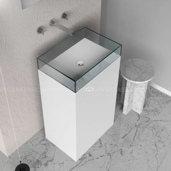 Designer pedestal sink rectangular Skyline Evolution White Clear Glass Design