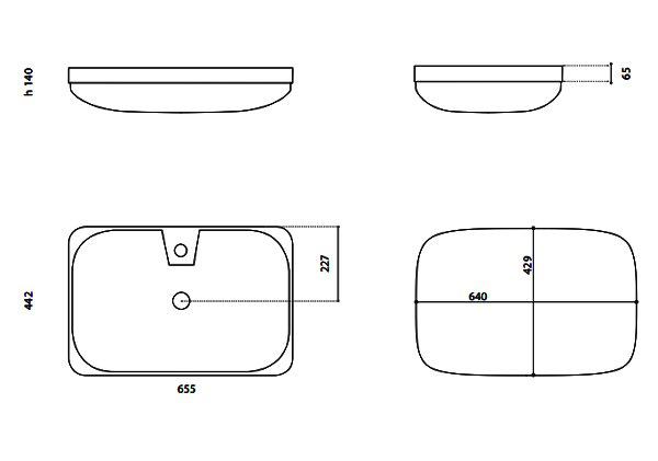 VOLCANO FL rectangular Semi Recessed wash basin by Italian Glass Design dimensions 655 x 442